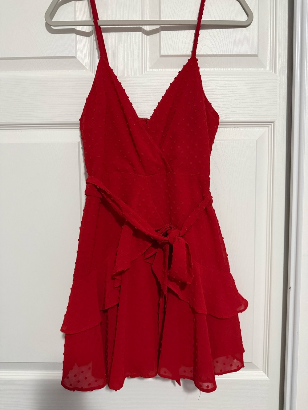 Meshki Red Spaghetti Strap Tiered Mini Dress